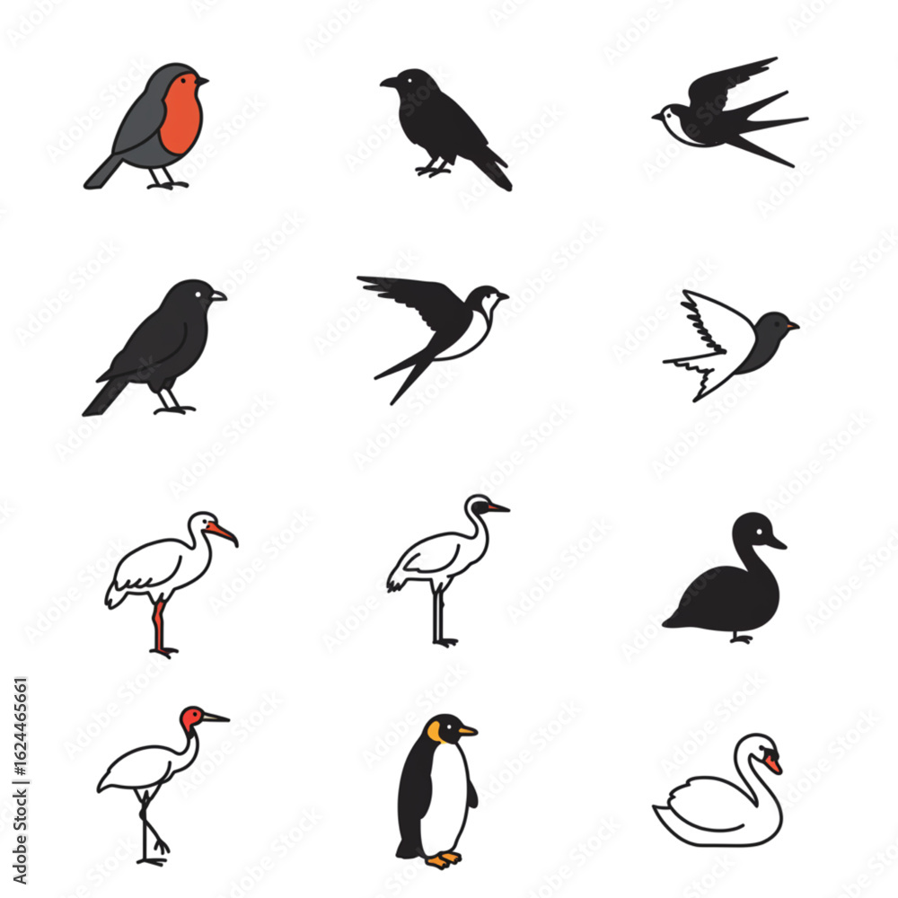 Fototapeta premium Charming bird icons showcase diverse species including robin, crane, penguin, and swan