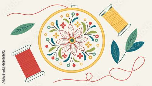 Embroidery hoop with floral design and spools of thread, a colorful and decorative piece of needlework, perfect for crafting and hobby enthusiasts