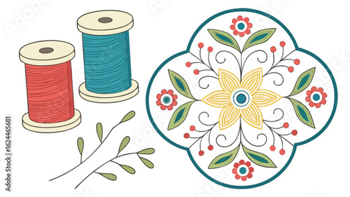 Floral embroidery design with spools of thread isolated on white background, a vintage and decorative element for textile and craft projects