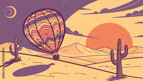 Illustration of a hot air balloon flying over a desert landscape at sunset, with cacti and mountains, a scenic view of the american southwest