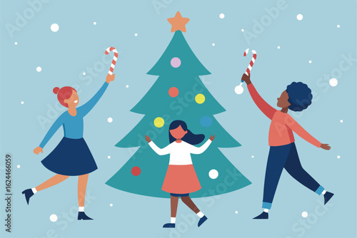 illustration of kids dancing around a christmas t.eps