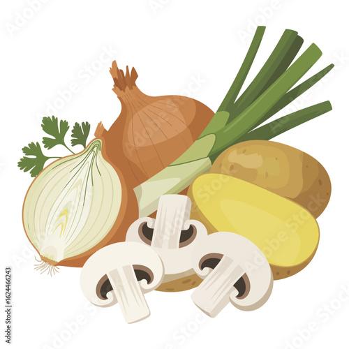 Fresh assortment of vegetables including onion potato leek and mushrooms
