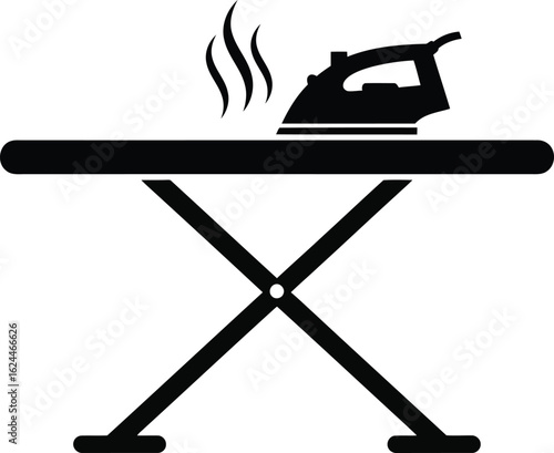 Illustration of a black iron on an ironing board with steam rising to represent laundry and garment care