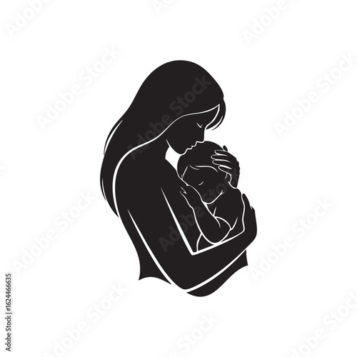 Silhouette of a mother tenderly holding and cuddling her baby isolated on white background