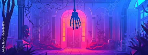 Spooky haunted mansion with a skeleton hand hanging at the entrance. Mystical atmosphere home for Halloween and horror concept background.