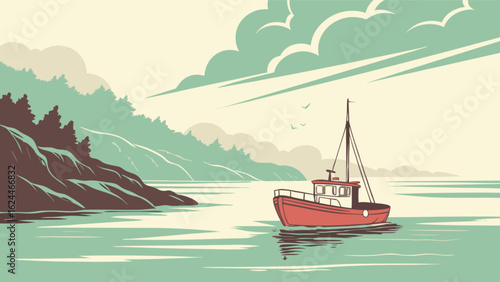 Vintage landscape of a boat sailing on the sea with mountains and clouds, a retro travel scene with idyllic and tranquil scenery