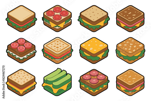Collection of isometric delicious sandwiches with various fillings