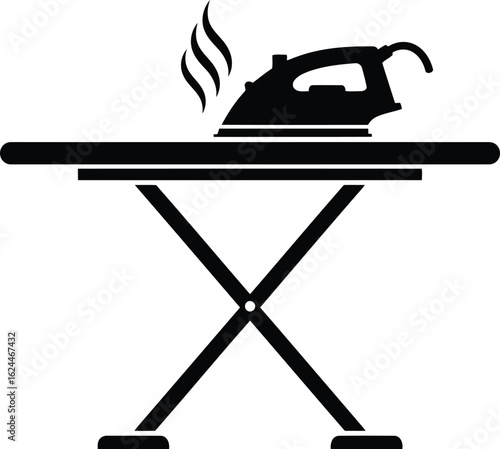 Vector art of silhouette of an iron on an ironing board representing laundry and domestic work for cleaning clothing and fabric
