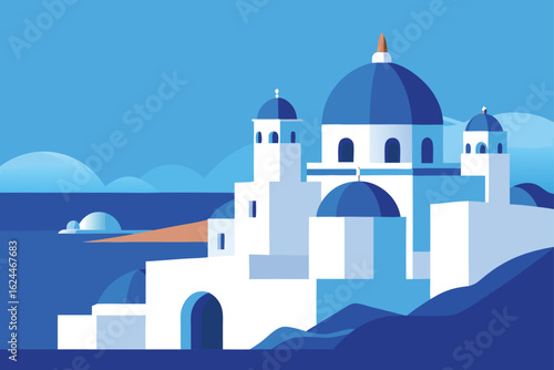 island village with white buildings and blue domes.eps