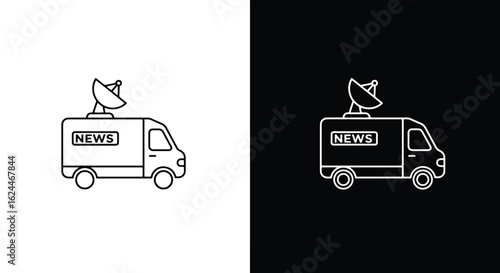 A simple line art icon of a news van with a satellite dish, presented on black and white backgrounds.