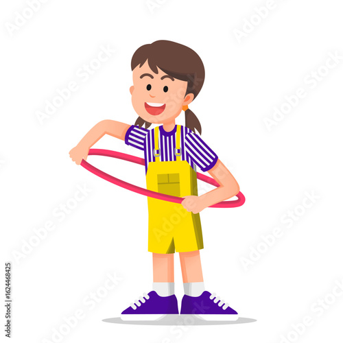 A smiling girl holding a hula hoop around her waist, enjoying a playful moment