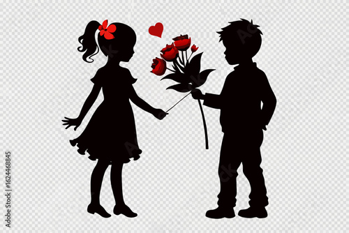 Boy giving a bouquet of red roses to a girl with a red bow in her hair