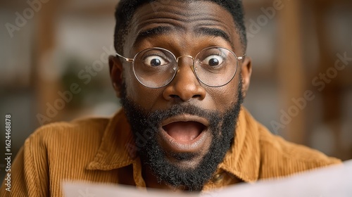 Bearded African man with glasses, eyes wide, mouth open in shock. Great for depicting surprise, awe, or unexpected positive news.