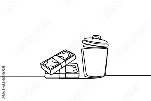Money being thrown away in a trash can illustration