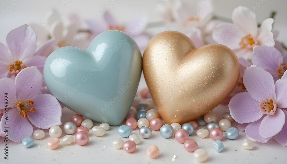 Obraz premium Romantic Glitter Hearts Surrounded by Colorful Spring Flowers