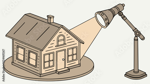Illustration of a house illuminated by a spotlight, showcasing architecture, design, and the concept of home in a vintage cartoon style