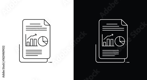 An outline icon of a business report with data charts, shown in both light and dark theme variations.