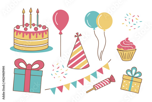 Birthday Bash: A collection of colorful elements, perfectly arranged for a joyous celebration. Balloons, cake, and gifts come together in this picture.