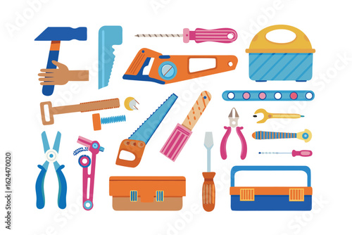 Workshop Essentials: An assortment of indispensable hand tools arranged in a neat and organized collection. Featuring hammer, saw, wrench and screwdriver.