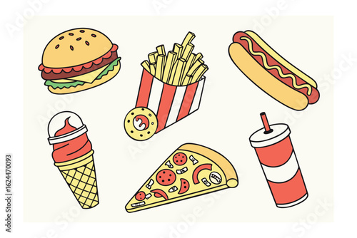 Delightful Feast of Fast Food: A mouthwatering selection of classic fast food items, from burger and fries to pizza slice and hotdog, all arranged for a satisfying and tempting visual.