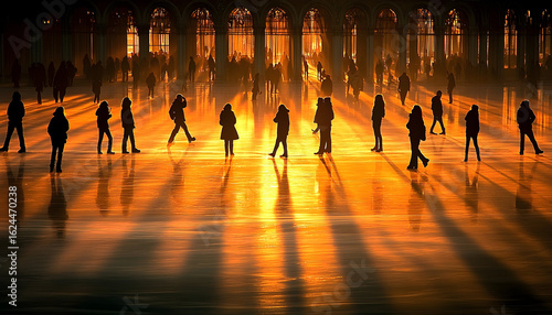 Golden Hour Reflections: Silhouetted Figures in Venice's Piazza