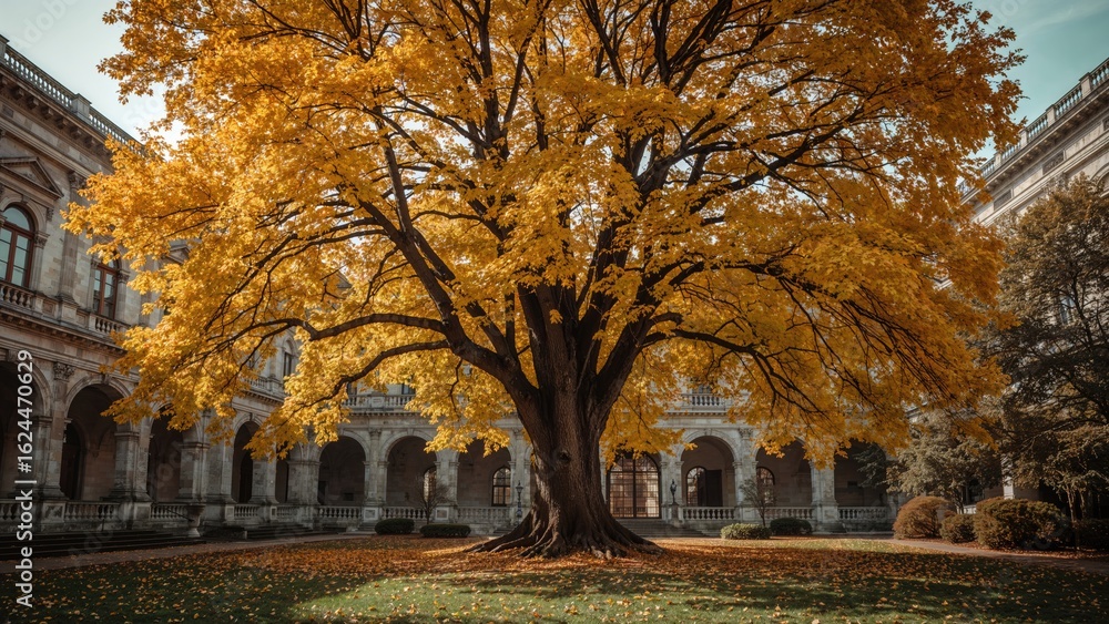 Naklejka premium Yellow maple tree towering over historic palace grounds