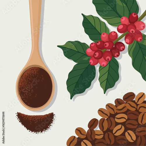 Wooden spoon with coffee grounds next to fresh coffee beans and berries