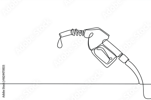 Minimalist single line drawing of a gas pump nozzle with a drop of liquid