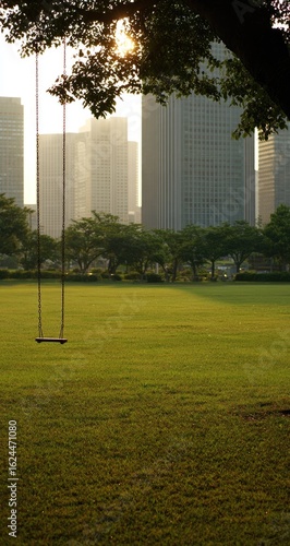 Urban park scene with a swing, city skyline in the background. Sunbeams filtering through trees