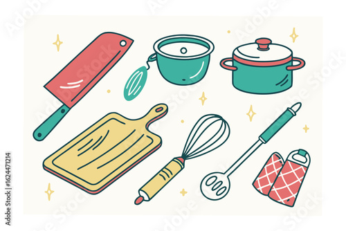 Essential Kitchen Utensils Illustrated: A colorful illustration of essential kitchen utensils showcases a cleaver, cutting board, pot, saucepan, whisk, ladle, and oven mitts.