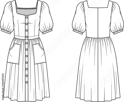 Technical fashion sketch of women's a-line midi dress with a square neckline, front button placket, and puff sleeves, vector illustration.