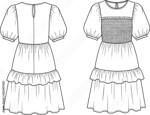 Technical fashion sketch of women's smocked peasant dress with tiered ruffle skirt, smocked bodice, and short puff sleeves, vector illustration.
