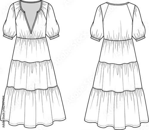 Technical fashion sketch of women's tiered boho midi dress with raglan sleeves, a plunging V-neckline, and empire waist, vector illustration.