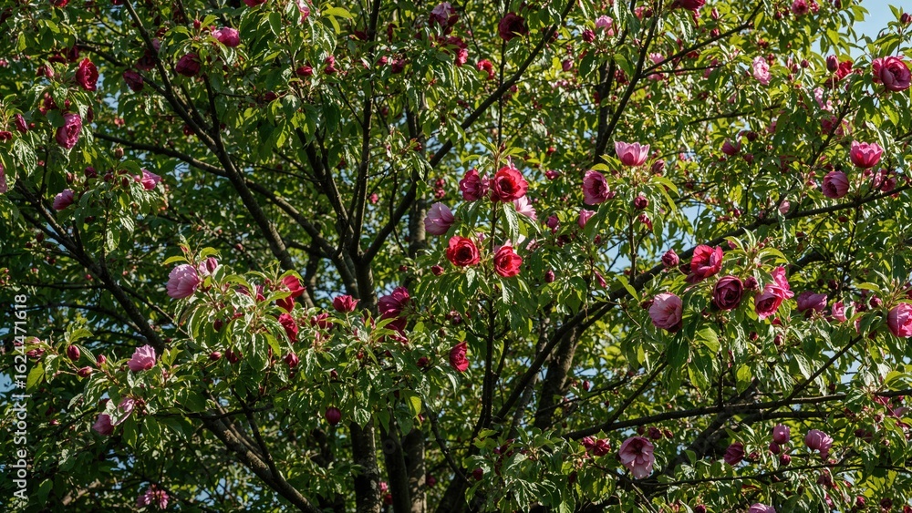 Fototapeta premium Tree Covered In Vibrant Flowers In Various Shades Of Purple, Red, White, And Pink