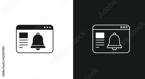 A set of two web browser icons with a prominent notification bell, one solid and one outline, on black and white backgrounds.