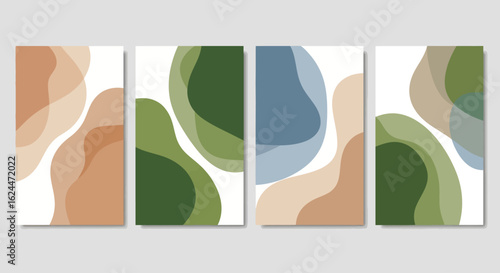 A contemporary collection of four abstract posters featuring fluid, organic shapes in earthy colors. Minimalist 08.ai generative wall art.