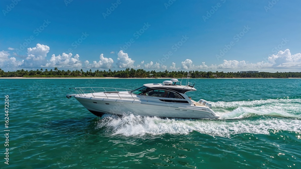 Fototapeta premium Sportfish motor yacht skims the water surface, beginning a fishing expedition