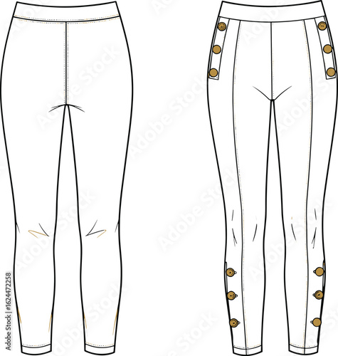 Technical fashion sketch of women's skinny cropped trousers with side buttons, front seam details, and split hem, vector illustration.