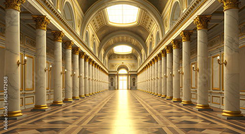 Grand opulent gilded hallway with classical columns and ornate ceiling leading to a bright light at the end of the corridor