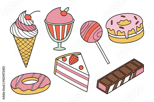 Sweet Delights Array: A visual feast of dessert illustrations, showcasing the tempting allure of ice cream, cake, candy, and pastry creations in a vibrant arrangement, a sugary symphony!