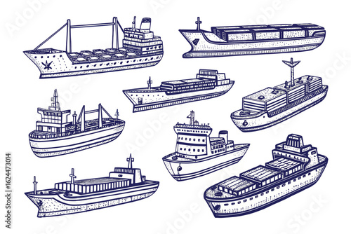Naval Transport Variety: A meticulously crafted illustration showcasing a diverse fleet of cargo ships, each designed for specific transport purposes.