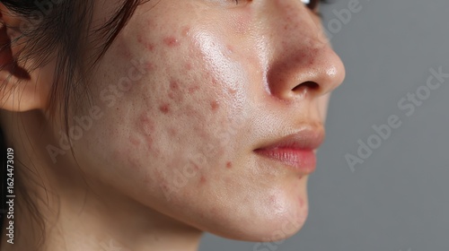 Close-Up of Asian Woman’s Face with Visible Acne and Blemishes Including Red Papules, Whiteheads, and Cysts, Showing Uneven Skin Texture and Inflammation Under Natural Lighting