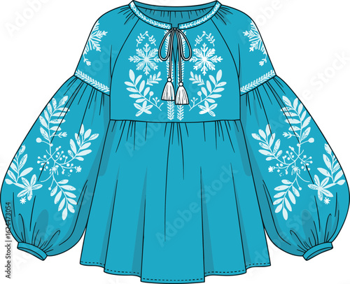 Technical fashion sketch of embroidered peasant blouse with tassel tie keyhole neckline, balloon sleeves, and peplum hem, vector illustration.