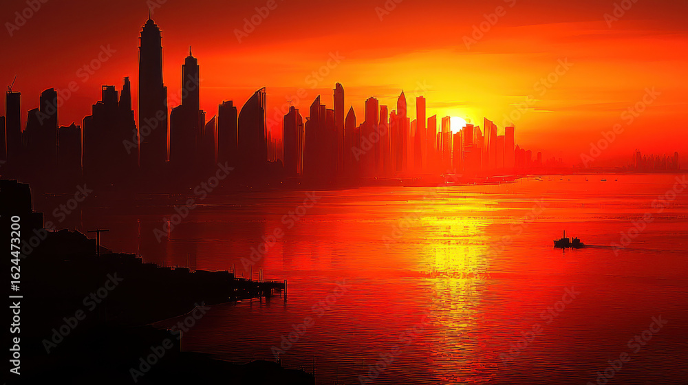 Fototapeta premium Majestic Sunset Over City Skyline with Reflections on Water