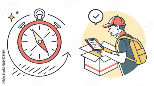 Fast delivery service concept with courier and stopwatch for express shipping and order tracking app