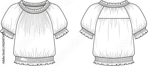Technical fashion sketch of women's smocked peasant blouse with ruffled neckline and cuffs, short puff sleeves, vector illustration.