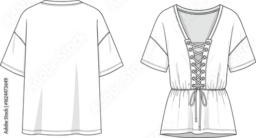 Technical fashion sketch of women's lace-up peasant top with V-neckline, short sleeves, and gathered peplum hem, vector illustration.
