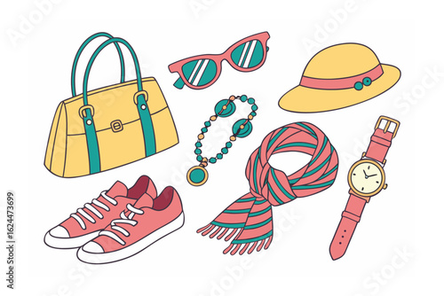 Fashion Essentials in Vivid Hues: An artful collection of essential fashion accessories, including a stylish handbag, chic sunglasses, a sun hat, elegant necklace, a cozy scarf, trendy sneakers.