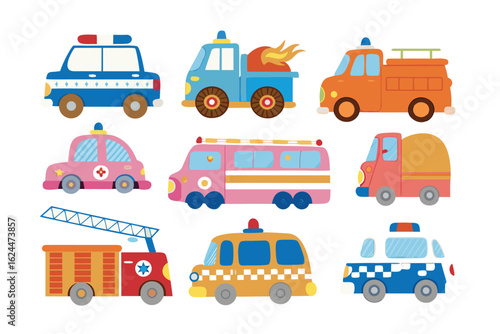 Emergency Service Collection: Vibrant array of emergency service vehicles, including fire trucks, ambulances, and police cars, arranged in a dynamic, photorealistic illustration.