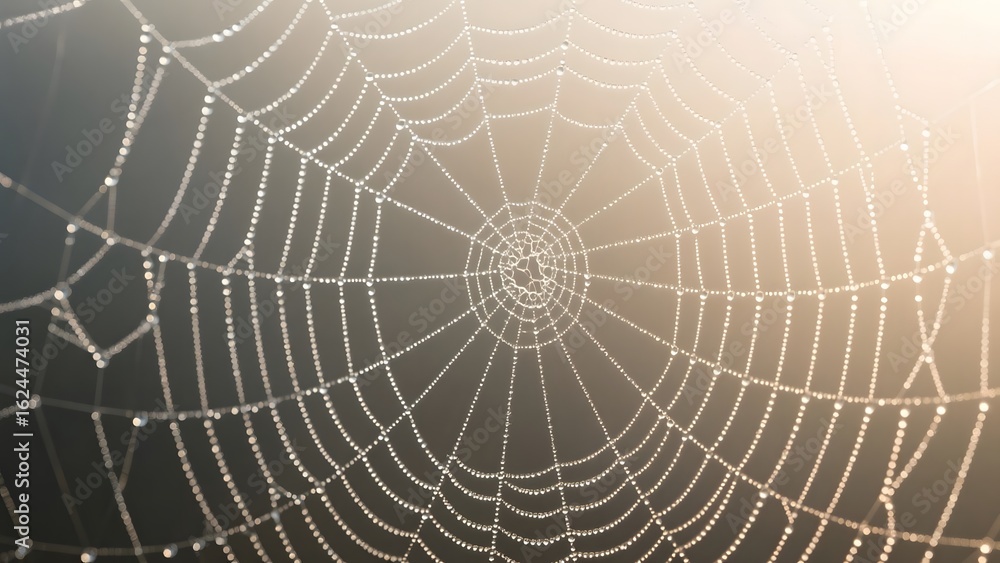 Obraz premium Dew-Drenched Spider Web with Radiant Light